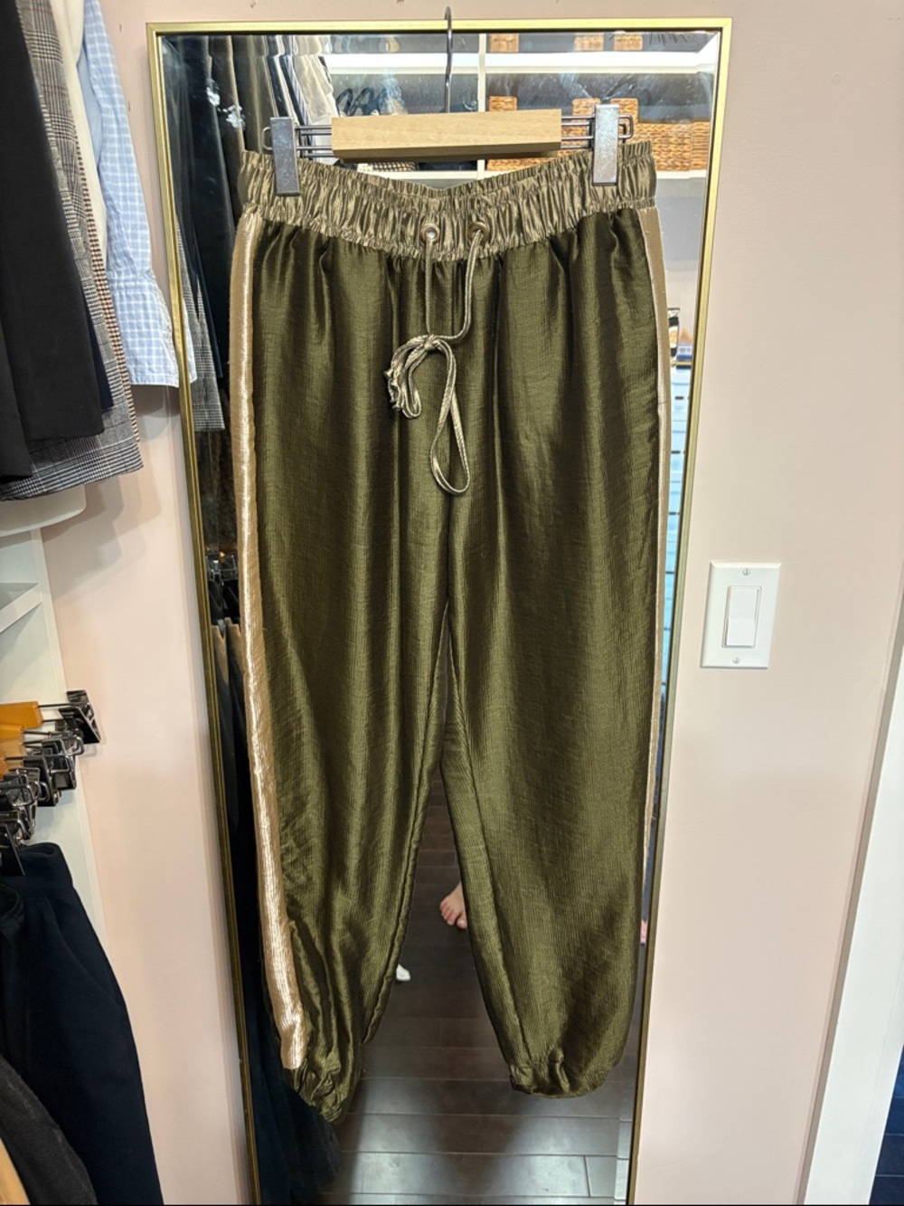 Zara Olive Green Satin Track Pants with Contrast Side Stripe